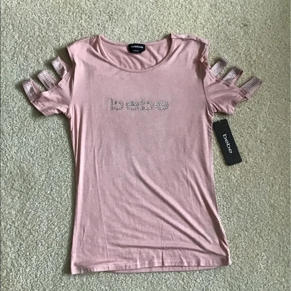 SOLD - Bebe Logo Tee - Cutout Sleeves - Misty Pink - NWT - Picture 12 of 12
